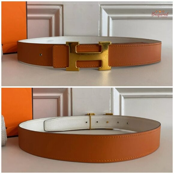 Authentic HERMES 32mm White/Orange Leather H Gold Reversible Buckle Belt 75/30 main image 7